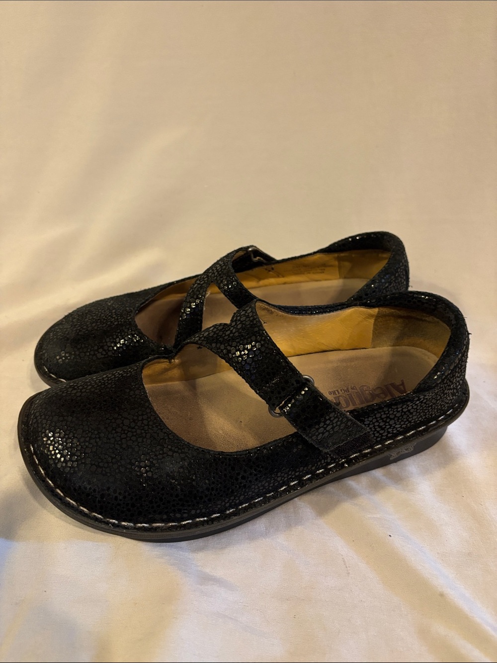 Alegria Black Mary Jane Mules with Textured Shine